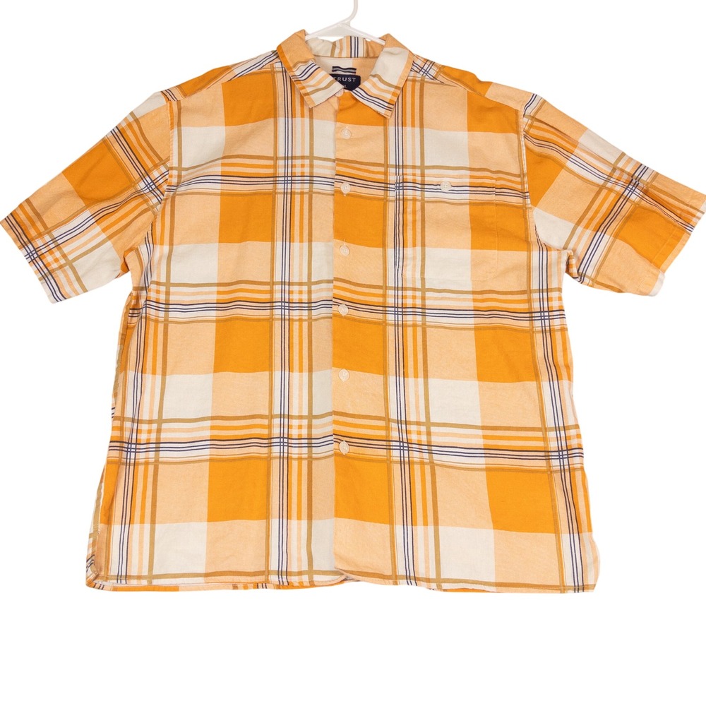 Trust Mens XXL Orange Plaid Linen Rayon Blend Short Sleeve Button Up Shirt